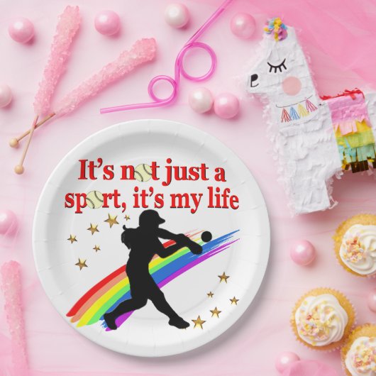 ガールズソフトボールレッドレインボー感動的デザイン ペーパープレート (パーティー)