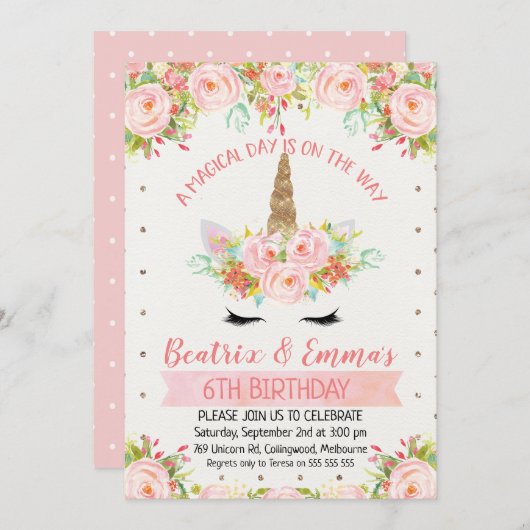 ガールズツインズ又はジョイントユニコーン誕生日招待状 招待状 (正面/裏面)