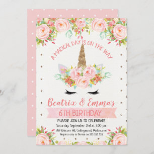 ガールズツインズ又はジョイントユニコーン誕生日招待状 招待状