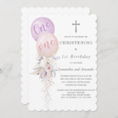 ガールズツインズ《キリスト教》洗礼式や命名式アンドファースト誕生日 招待状 (正面/裏面)
