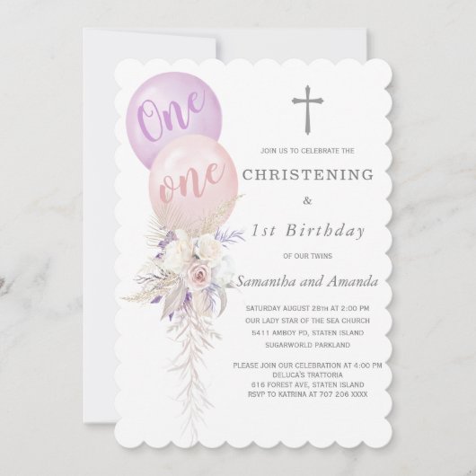 ガールズツインズ《キリスト教》洗礼式や命名式アンドファースト誕生日 招待状 (正面)