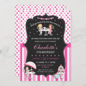 ガールズティーパーティー誕生日ホットピンク水玉模様 招待状 (正面/裏面)