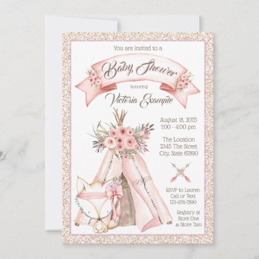 ガールズティーピーキツネトバルベビーシャワー招待状 招待状 (正面)