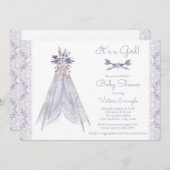 ガールズティーピーベイビーシャワー招待状ラベンダーレース 招待状 (正面/裏面)