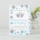 ガールズティール（緑がかった色）ブルーシルバーグリッタープリンセス誕生日 招待状 (スタンド正面)