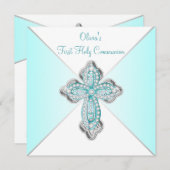 ガールズティール(緑がかった色)ブルーファーストコミュニオン 招待状 (正面/裏面)