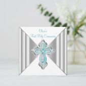 ガールズティール（緑がかった色）ブルーファーストコミュニオン 招待状 (スタンド正面)