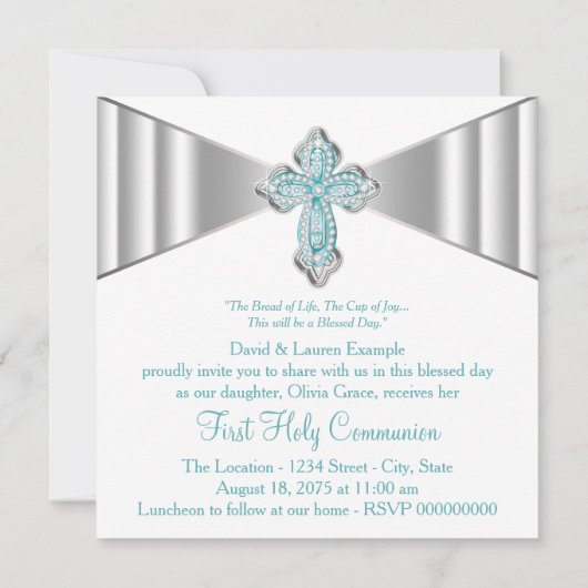 ガールズティール(緑がかった色)ブルーファーストコミュニオン 招待状 (裏面)