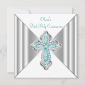 ガールズティール(緑がかった色)ブルーファーストコミュニオン 招待状 (正面)