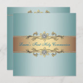 ガールズティール（緑がかった色）ブルーファーストコミュニオン 招待状 (正面/裏面)