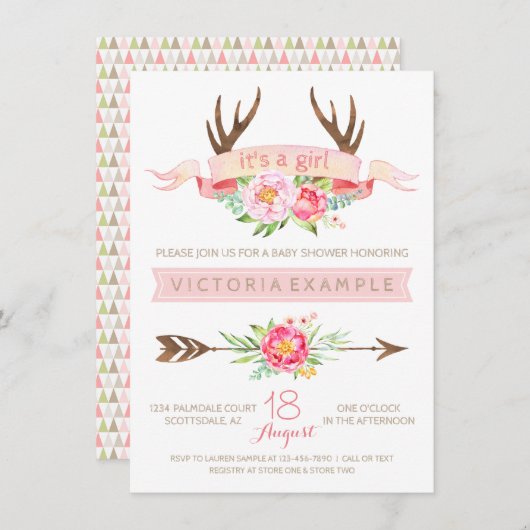 ガールズトライバルアントラーフローラベビーシャワー招待状 招待状 (正面/裏面)