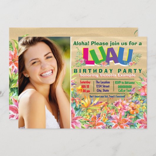 ガールズトロピカルルアウ（ハワイ式宴会）フォトバースデーパーティー 招待状 (正面/裏面)