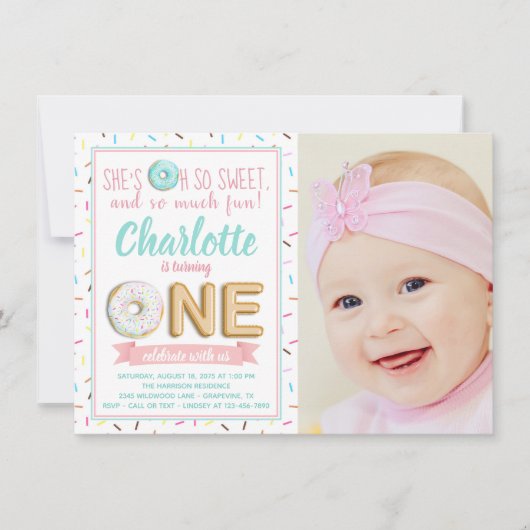 ガールズドーナツ箔バルーンフォトファースト誕生日 招待状 (正面)