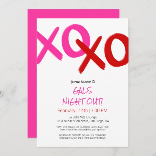ガールズナイトアウトかわいいピンクXOXOガレンティーネデイパーティー 招待状 (正面/裏面)