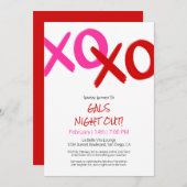 ガールズナイトアウトかわいい赤XOXOガレンティンデイパーティー 招待状 (正面/裏面)