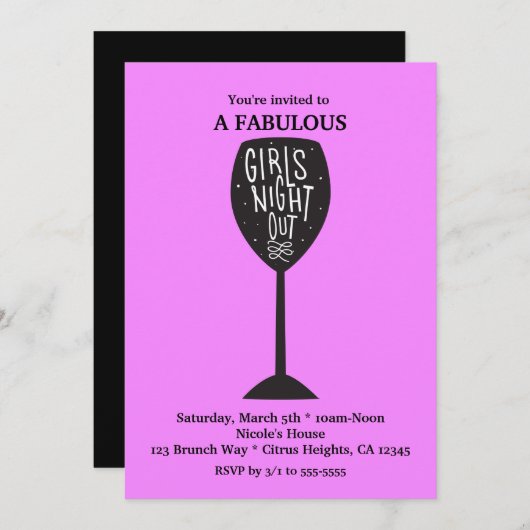 ガールズナイトアウトワイングラス任意の色のパーティー 招待状 (正面/裏面)