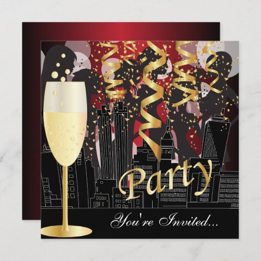 ガールズナイトアウト誕生日パーティー | メタリックレッド 招待状 (正面/裏面)