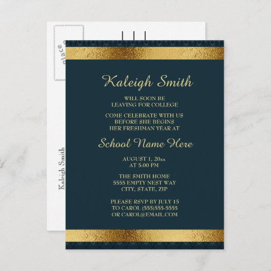 ガールズネイビエレガントーブルー金ゴールドカレッジトランクパーティー インビテーションポストカード (正面/裏面)