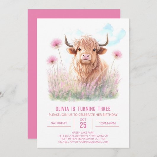 ガールズハイランドカウドリーム誕生日 招待状 (正面/裏面)