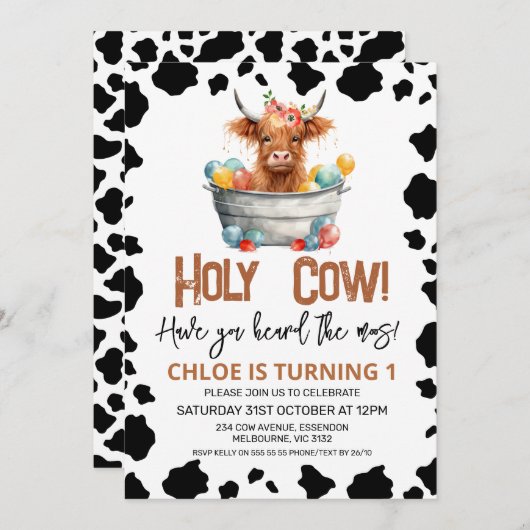 ガールズハイランドカウバケットカウズプリント1st誕生日 招待状 (正面/裏面)