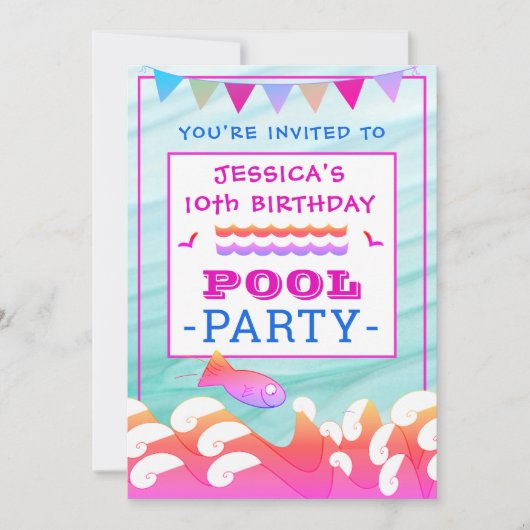 ガールズハッピーフィッシュプールパーティー誕生日 招待状 (正面)