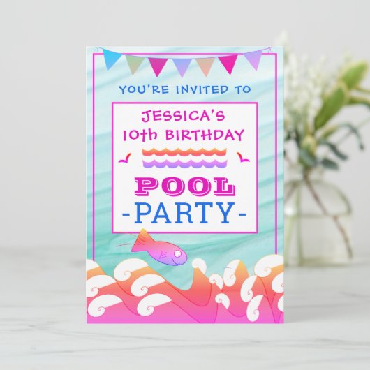 ガールズハッピーフィッシュプールパーティー誕生日 招待状 (スタンド正面)
