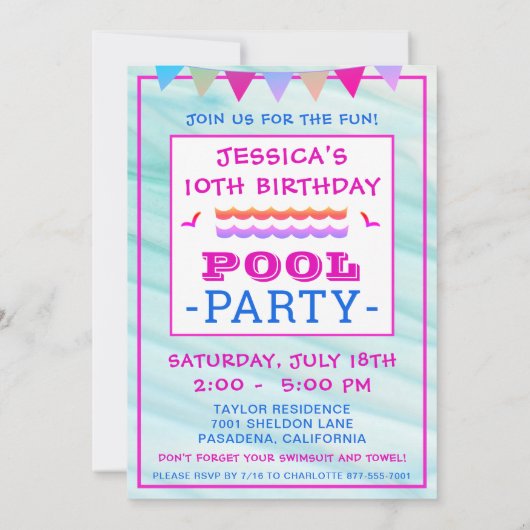 ガールズハッピーフィッシュプールパーティー誕生日 招待状 (裏面)