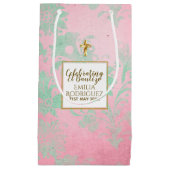 ガールズバウティゾピンクミントグリーンダマスク金ゴールドクロス スモールペーパーバッグ (正面)