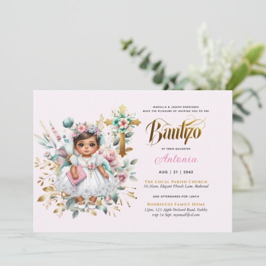 ガールズバウティゾピンク金ゴールドフローラクロス 招待状 (スタンド正面)