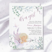 ガールズバタフライウォーターカラーフラワーベビーシャワー 招待状