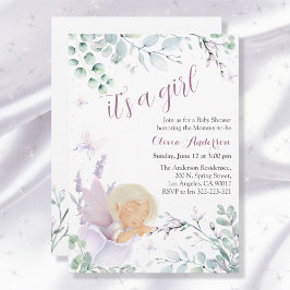 ガールズバタフライウォーターカラーフラワーベビーシャワー 招待状