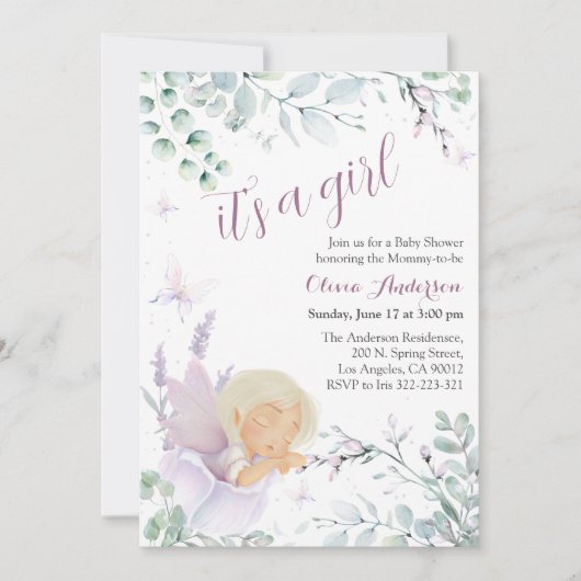 ガールズバタフライウォーターカラーフラワーベビーシャワー 招待状 (正面)