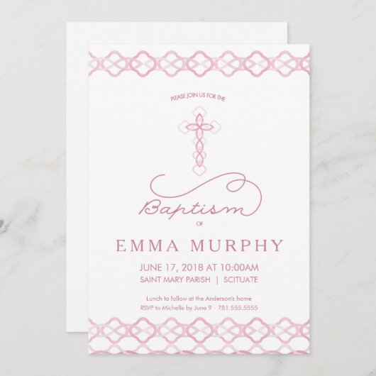 ガールズバプテスマ招待状-ピンクファンシークロスインビット 招待状 (正面/裏面)