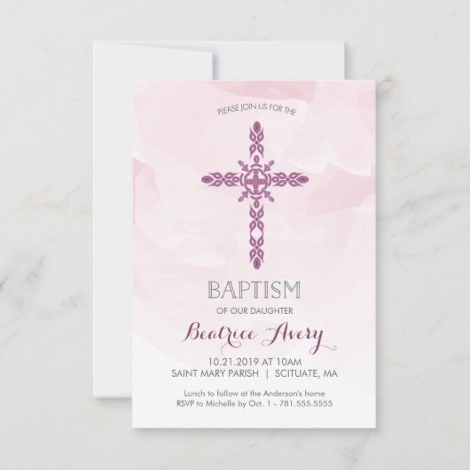ガールズバプテスマ，《キリスト教》洗礼式や命名式招待状，水彩画 招待状 (正面)