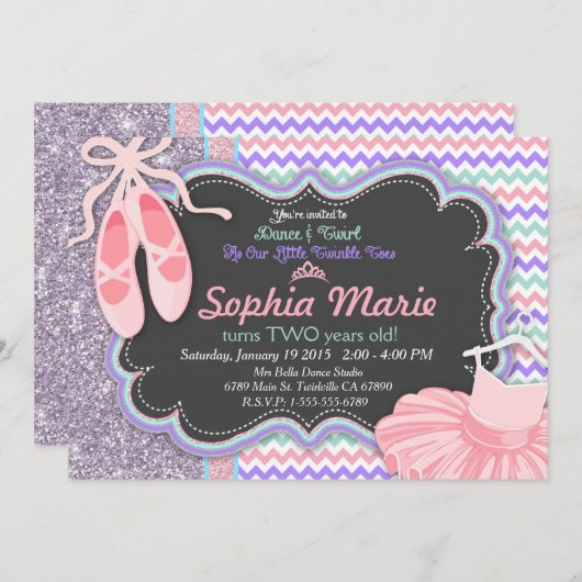 ガールズバレリーナバースデーパーティーへの招待 招待状 (正面/裏面)