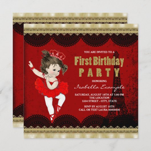 ガールズバレリーナヴィンテージパリファーストバースデーパーティー 招待状 (正面/裏面)