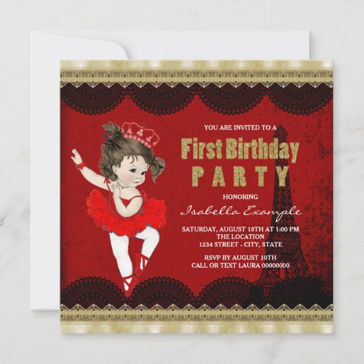 ガールズバレリーナヴィンテージパリファーストバースデーパーティー 招待状 (正面)