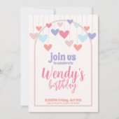 ガールズバースデーパーティーハートバルーンかわいい招待状 セーブザデート (正面)