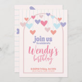 ガールズバースデーパーティーハートバルーンかわいい招待状 セーブザデート (正面/裏面)