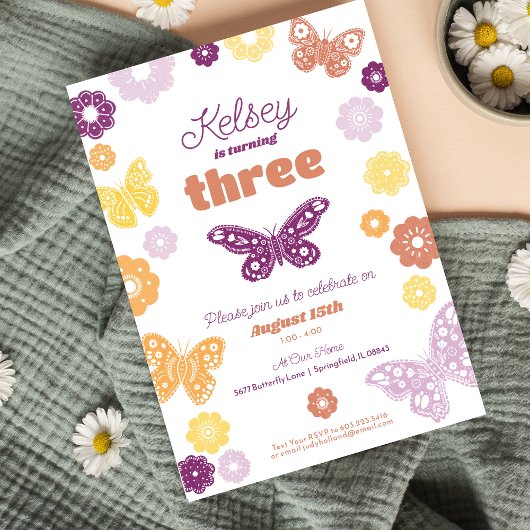 ガールズバースデーパーティーレトロバタフライ誕生日 招待状
