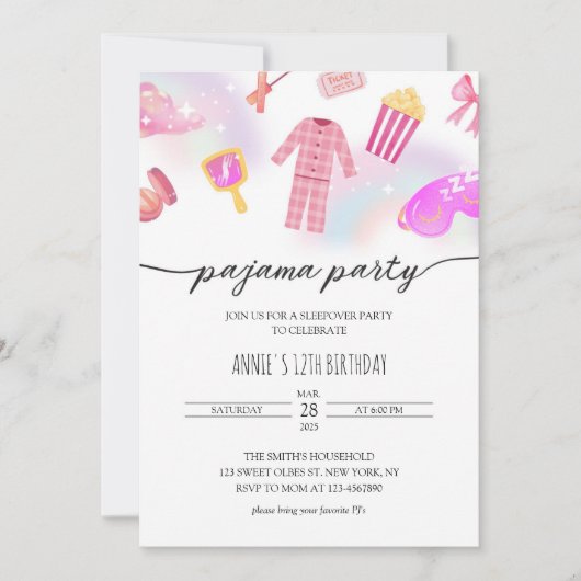 ガールズパジャマスリーポバーグラムスランバー誕生日 招待状 (正面)