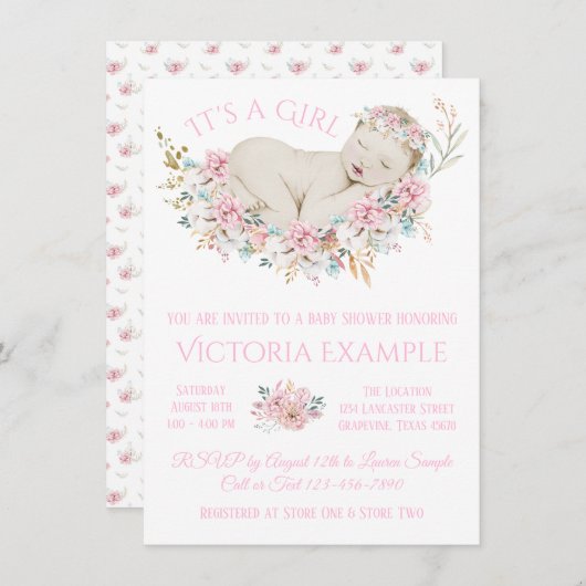 ガールズパステルウォーターカラーフローラベビーシャワー 招待状 (正面/裏面)