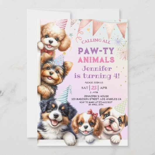 ガールズパピードッグポーティ4th誕生日招待状 招待状 (正面)