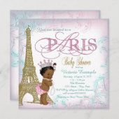 ガールズパリベビーシャワーピンク金ゴールドティール(緑がかった色)パール 招待状 (正面/裏面)