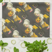 ガールズパンプキンキャットヴィンテージハロウィーン キッチンタオル (折り畳み)