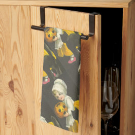 ガールズパンプキンキャットヴィンテージハロウィーン キッチンタオル