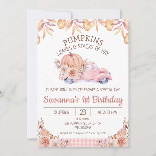 ガールズパンプキントラック秋の紅葉フローラ誕生日 招待状 (正面)