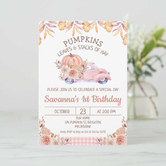 ガールズパンプキントラック秋の紅葉フローラ誕生日 招待状 (スタンド正面)