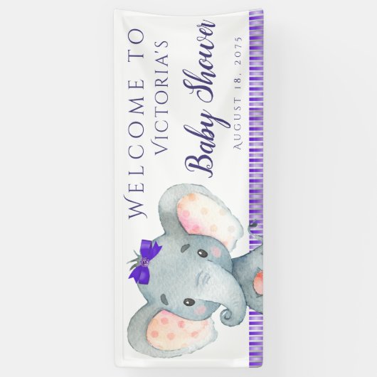 ガールズパープルエレファントベビーシャワーバナー 横断幕 (縦)