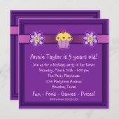 ガールズパープルカップケーキ誕生日パーティー 招待状 (正面/裏面)